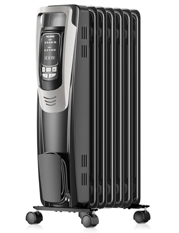 PELONIS Radiator Heater for indoor use Large Room with Remote, Thermostat & LED Display, Quiet Oil Filled Heater with 5 Temperature Settings, Overheat & Tip-Over Protection, Silver