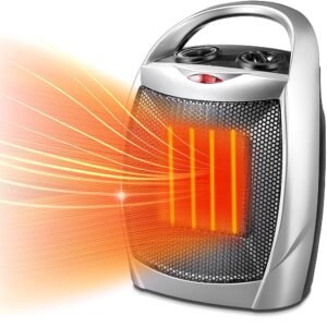 Kismile Small Electric Space Heater,Portable Ceramic Space Heater Fan for Office with Adjustable Thermostat and Overheat Protection ETL Listed for Kitchen, 750W/1500W(Silver)