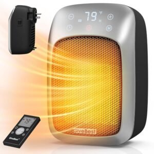 GiveBest 800W Plug in Wall Space Heater with Remote, Small Wall Outlet Heater with Adjustable Thermostat and 12H Timer, LED Display, Mini Heater for RV and Home Office Bathroom...